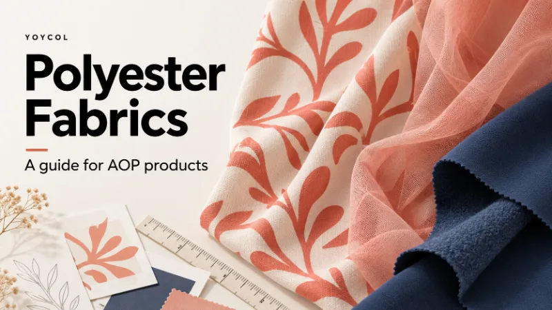 Illustrated fabric swatches with coral botanical print, mesh, and navy fleece for an AOP fabric selection guide