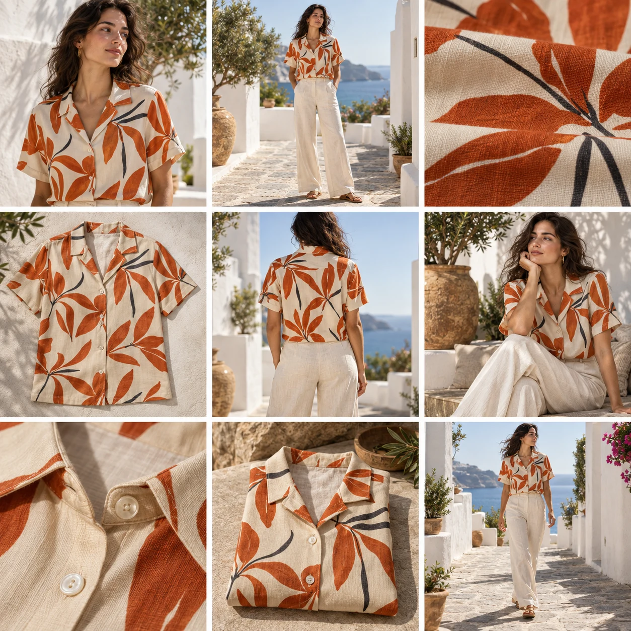 Illustrative nine-image campaign for an orange botanical resort shirt: model views, flat lay and close-up details