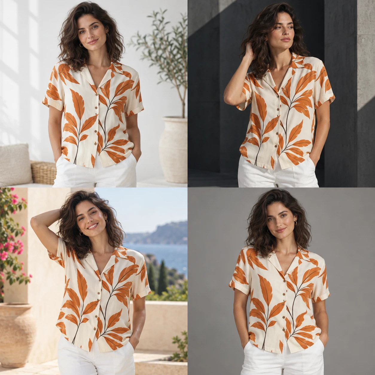 Illustrative custom AI model wearing the botanical resort shirt