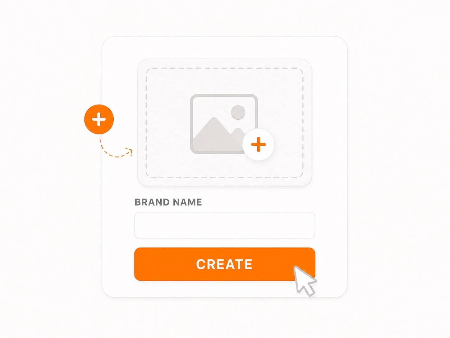 Cartoon illustration of creating a brand profile by uploading a logo and entering a brand name