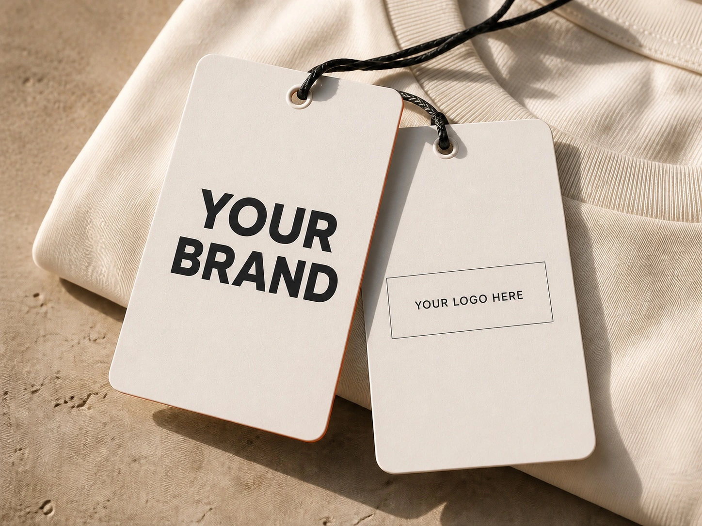 Close-up of orange-accented hang tags showing YOUR BRAND on an off-white garment