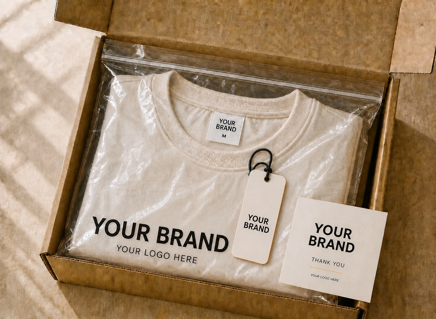 An open shipping box showing an off-white garment enclosed in clear branded Packaging, one Hang Tag, and a black-and-white Neck Label