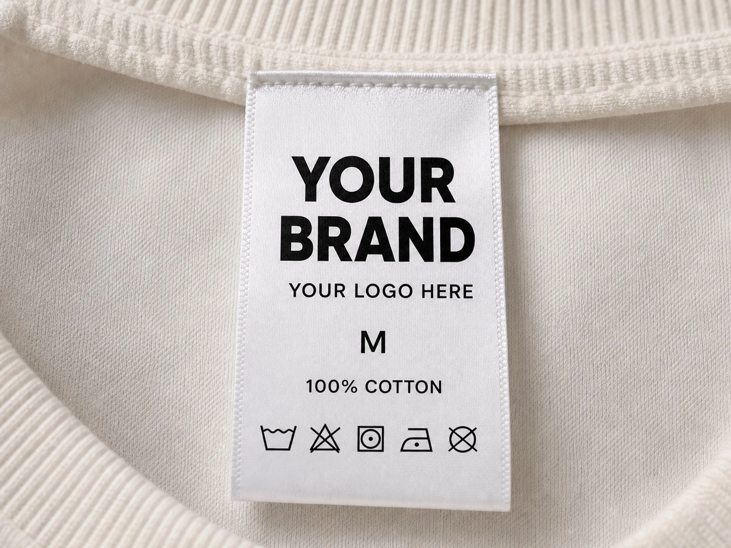 Close-up of a black-and-white neck label showing YOUR BRAND inside an off-white garment