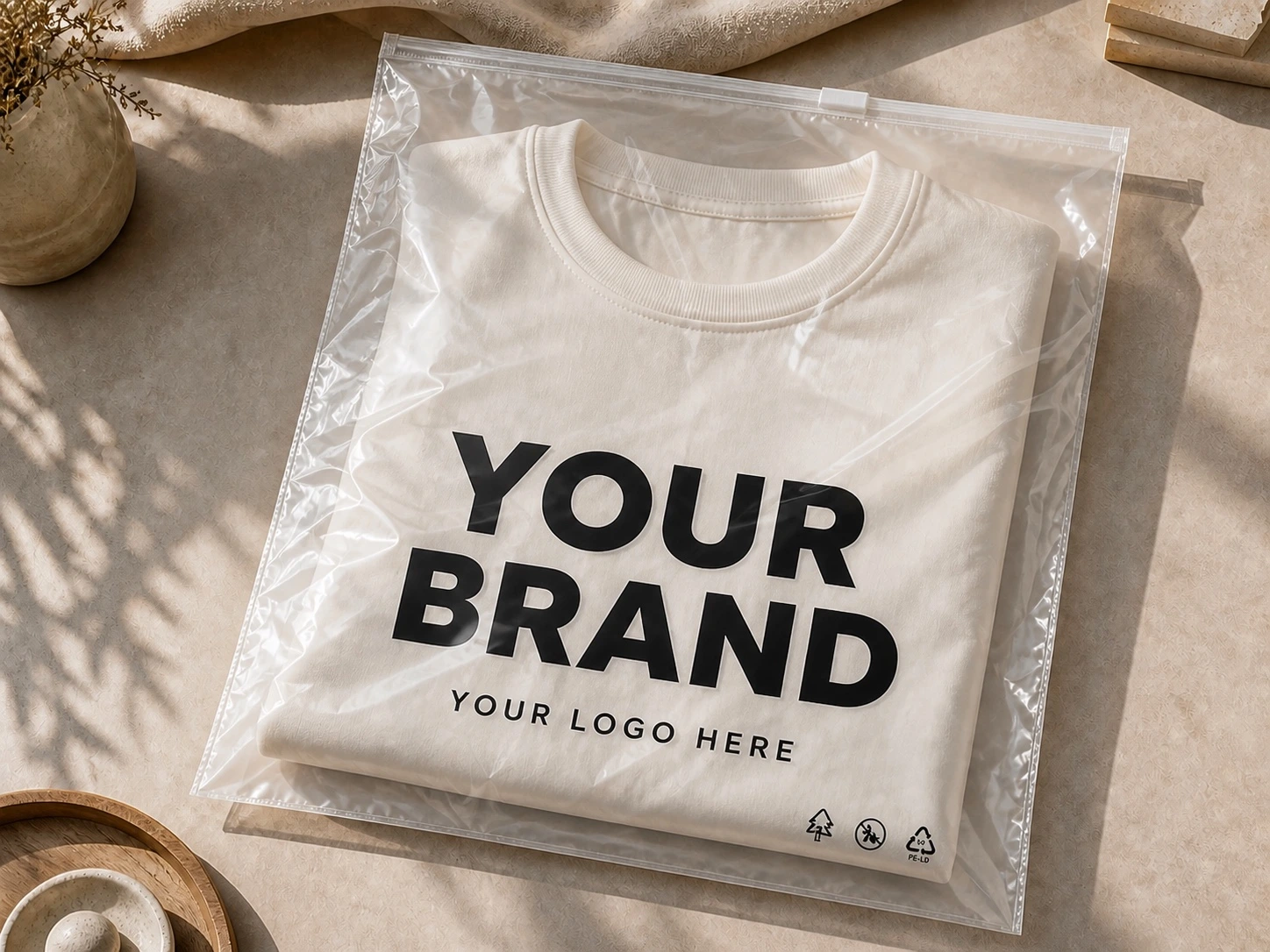 Close-up of a clear plastic packaging bag showing a large YOUR BRAND placement