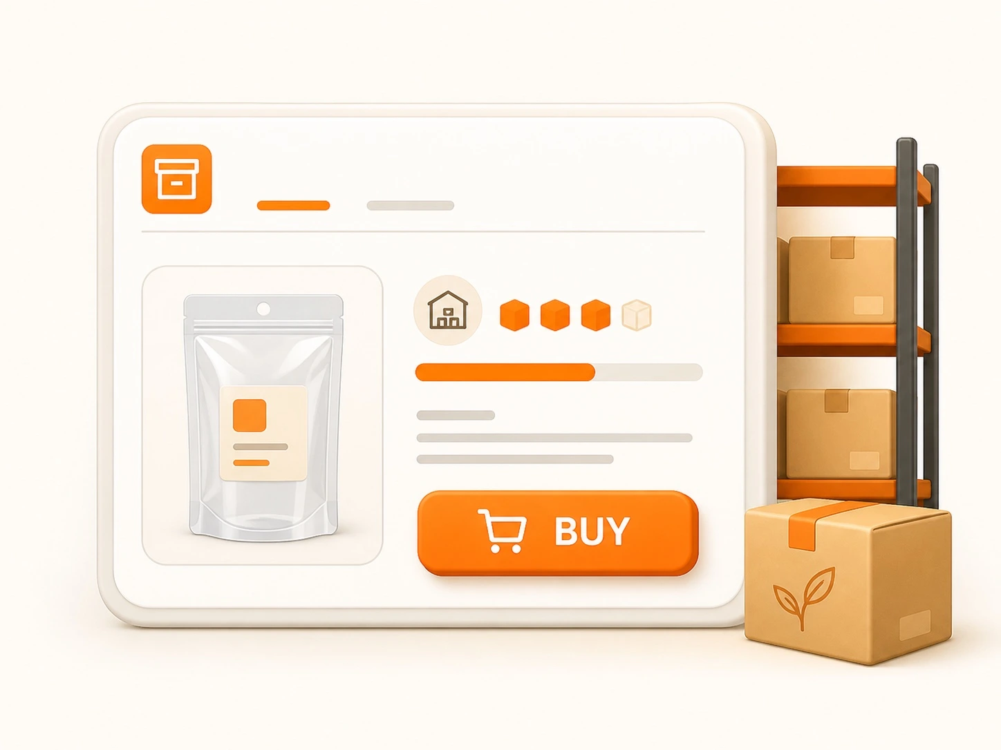 Cartoon illustration of purchasing branded packaging inventory for warehouse stocking