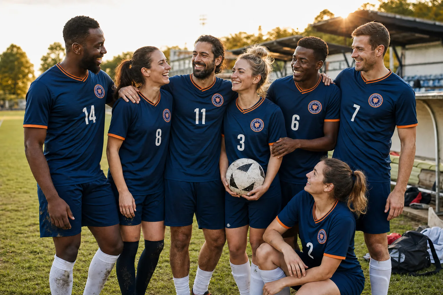 Community football club wearing or reviewing personalized jerseys