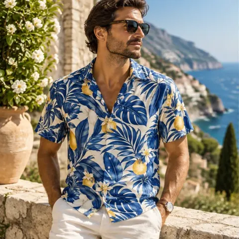 Reference mockup: a model wearing a blue botanical resort shirt