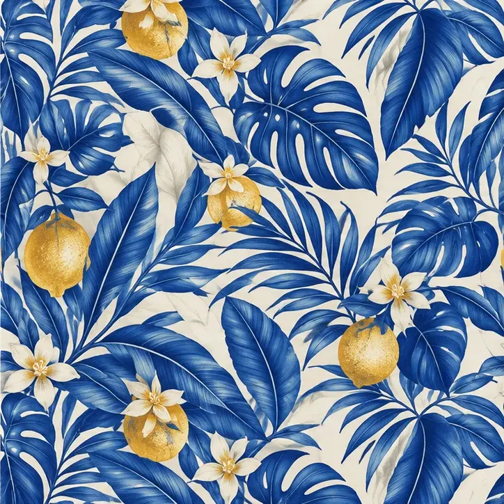 Flat blue botanical and citrus textile artwork