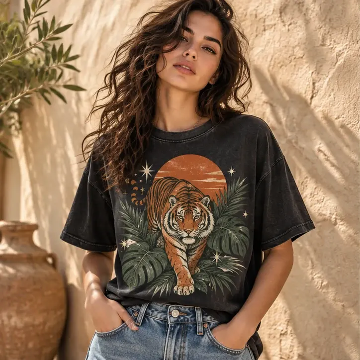 Lifestyle reference mockup of a black T-shirt with a bold tiger chest print