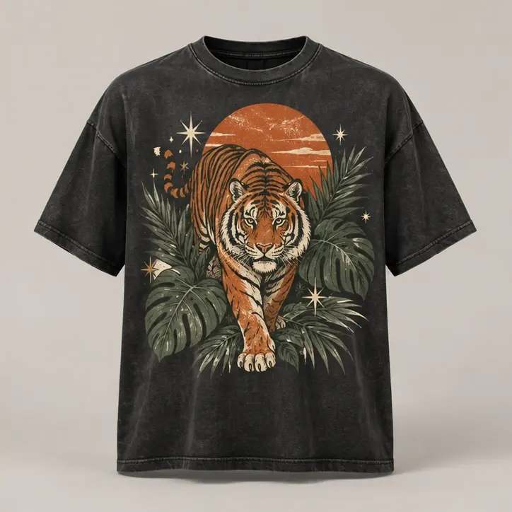 Standard 3D product mockup of the black T-shirt with the same tiger print