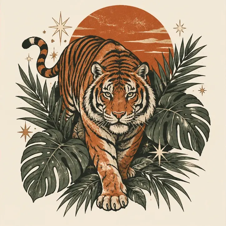 Isolated tiger, sunset and tropical leaf artwork