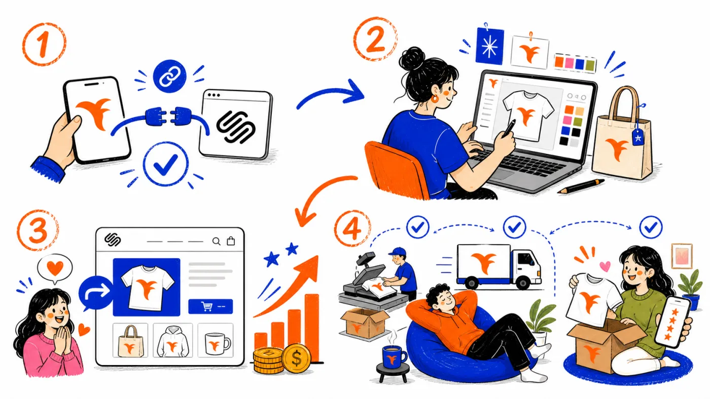 Four steps showing how to connect Squarespace with Yoycol, create products, sell them, and fulfill orders