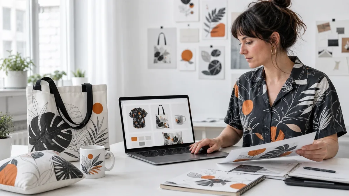 A creator designing a patterned collection beside a laptop