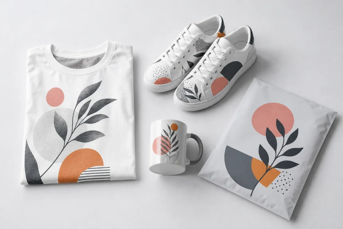 Custom printed apparel, shoes, a mug, and a shipping mailer