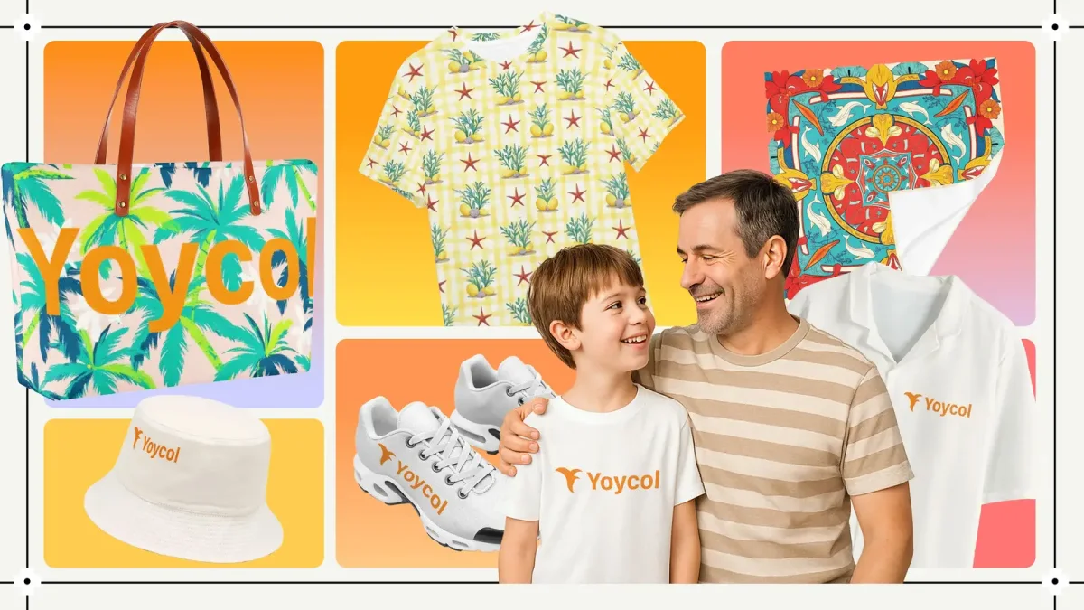 A family surrounded by custom Yoycol apparel and accessories