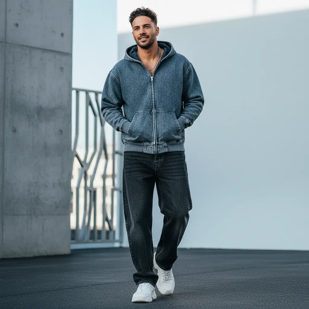Men’s Washed Denim Zip Hoodie|380GSM DTG