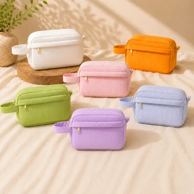 Corduroy Cosmetic Bag With Handle |Cord Embroidery