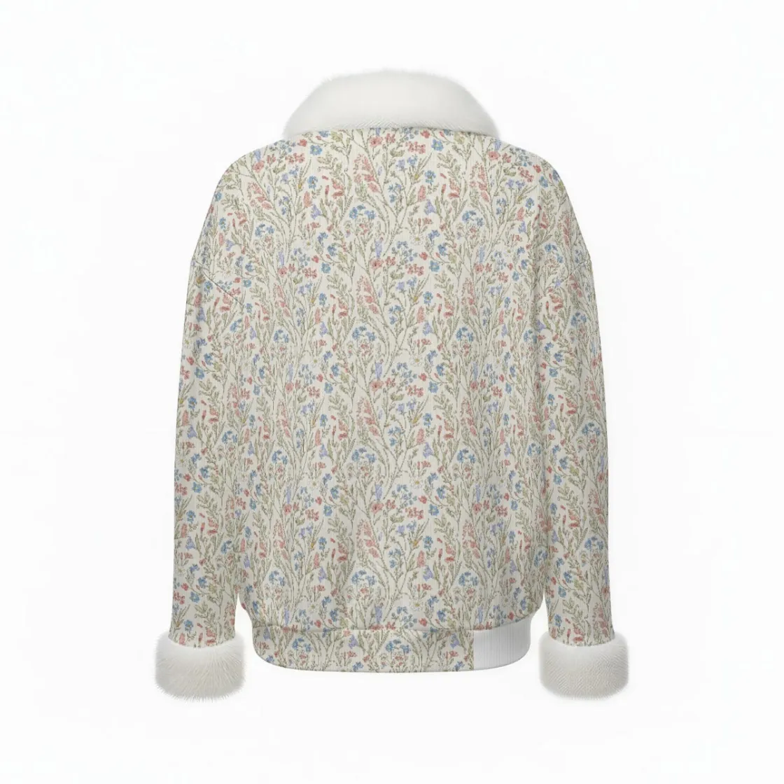 All-Over Print Women's Faux Knit V-Neck Sweater Top with Fur Trim
