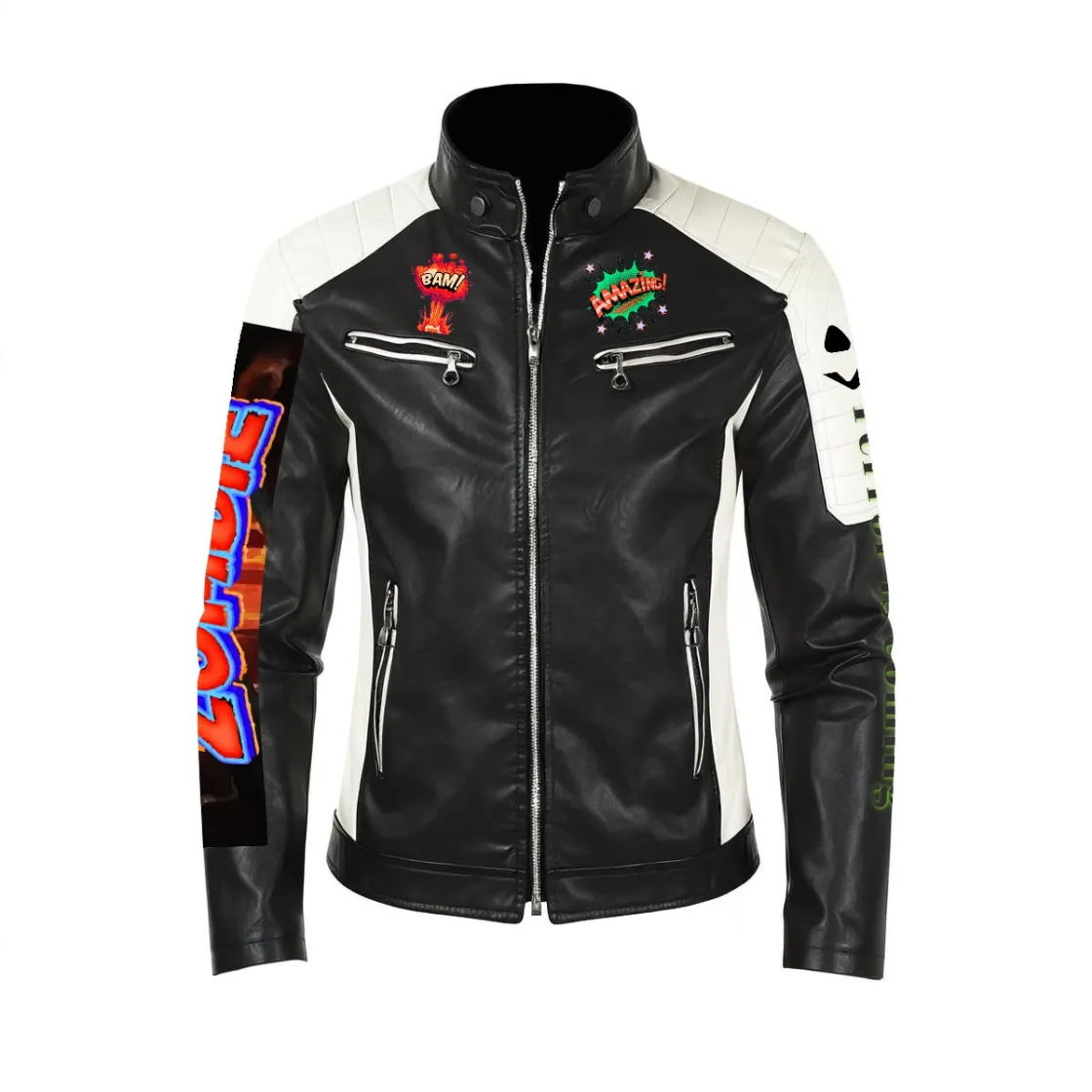 Men's Stand-up Collar Block Slim-fit Leather Jacket (DTF)
