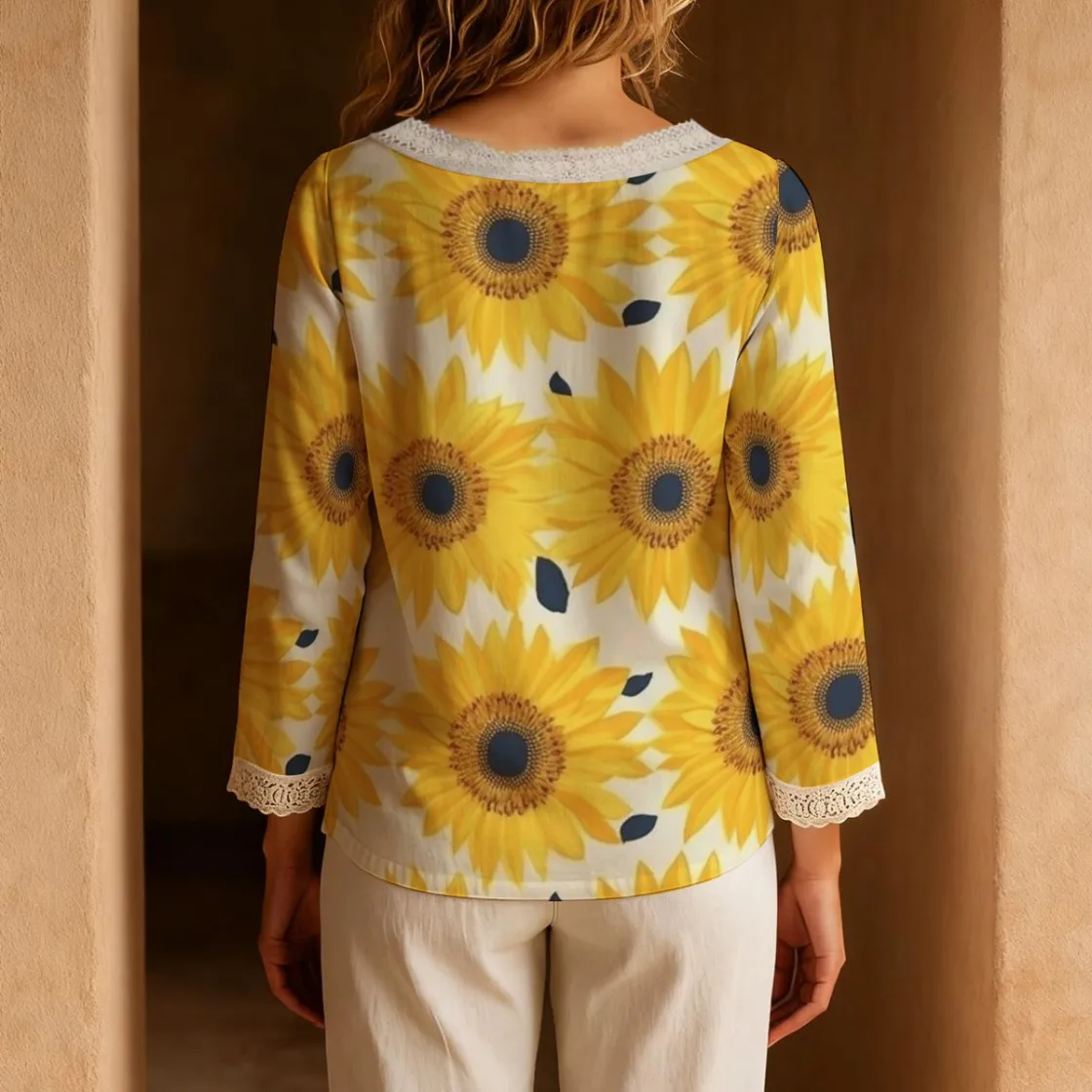 All-Over Print Women's Long-Sleeve Casual Top With Tie Collar
