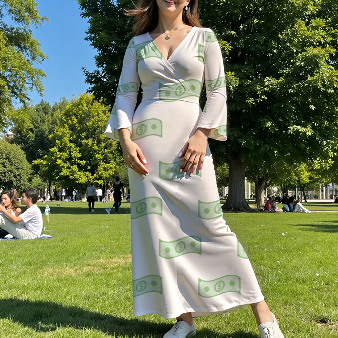 All-Over Print Women's V-Neck Long Sleeve Maxi Dress