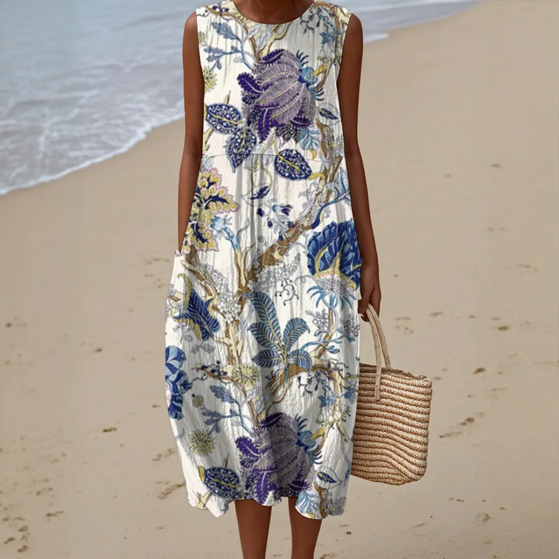 All-Over Print Women's Sleeveless Dress With Pocket|140GSM Slub Cotton