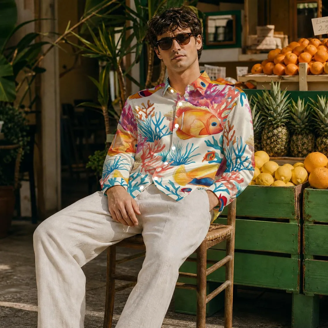 All-Over Print Men's Imitation Silk Long-Sleeved Shirt