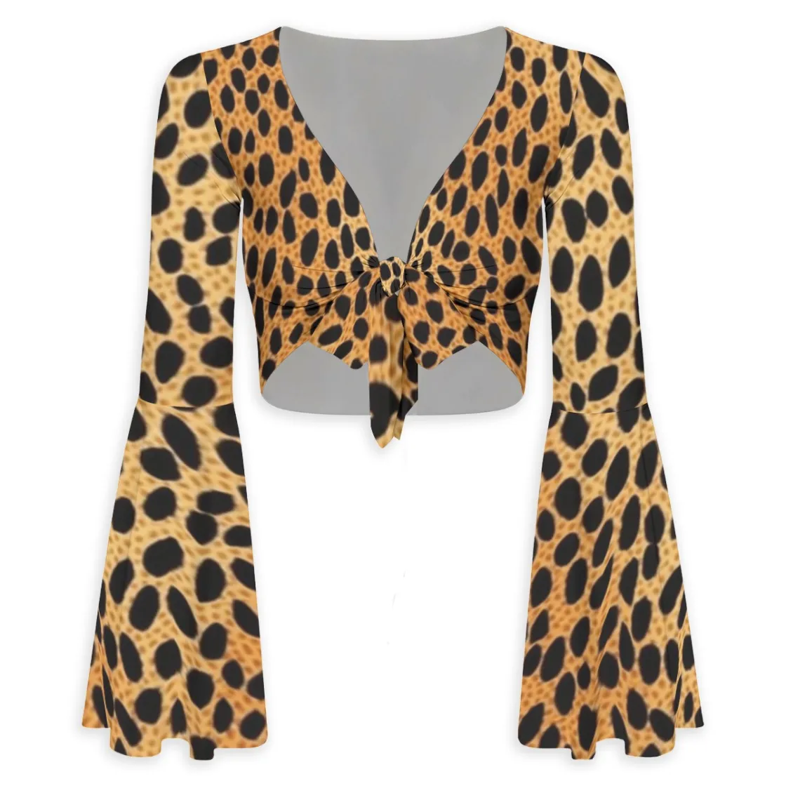 All-Over Print Women's Elegant Flared Sleeve Tie-Front Crop Top