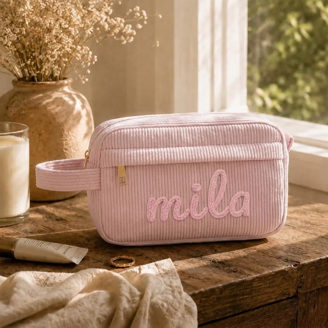 Corduroy Cosmetic Bag With Handle |Cord Embroidery