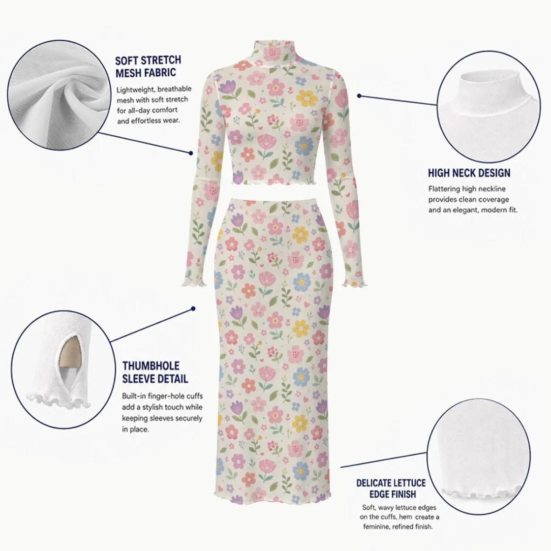 All-Over Print Women's High Neck Skirt Set With Thumb Hole