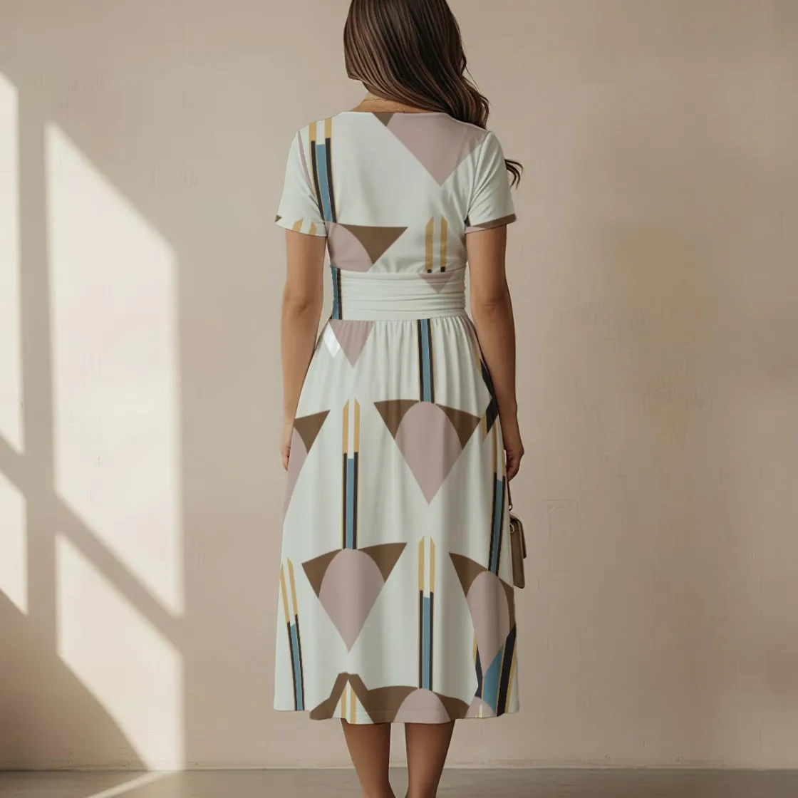 All-over Print Women's Short Sleeve V Neck Midi Dress