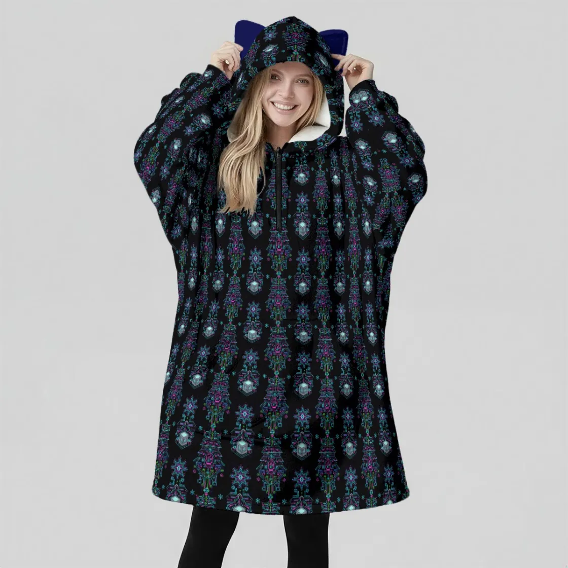 All-Over Print Women's Fleece Oversized Hoodie Blanket With Decorative Ears