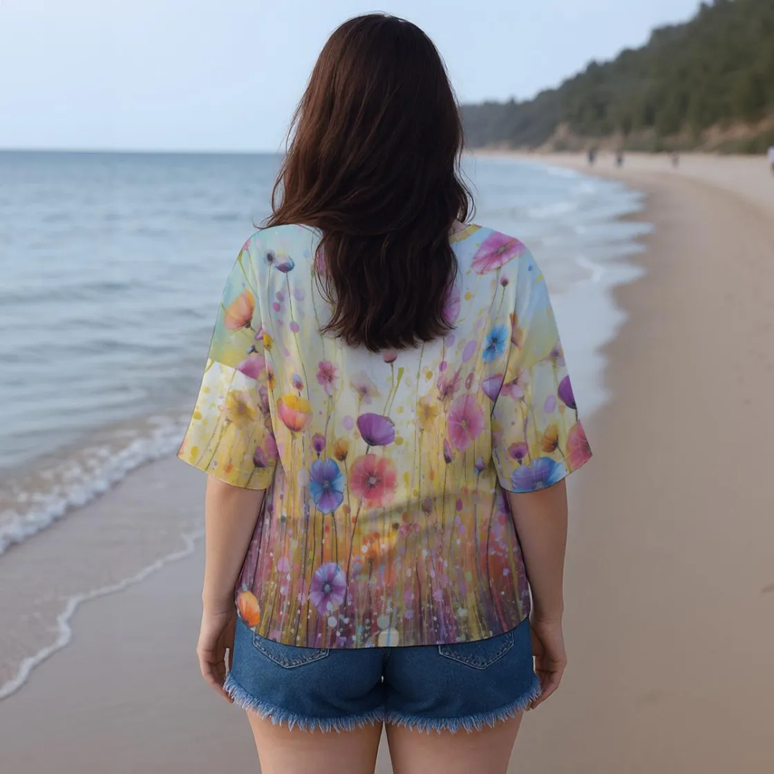 All-Over Print Women’s Casual V-Neck Short Sleeve Top