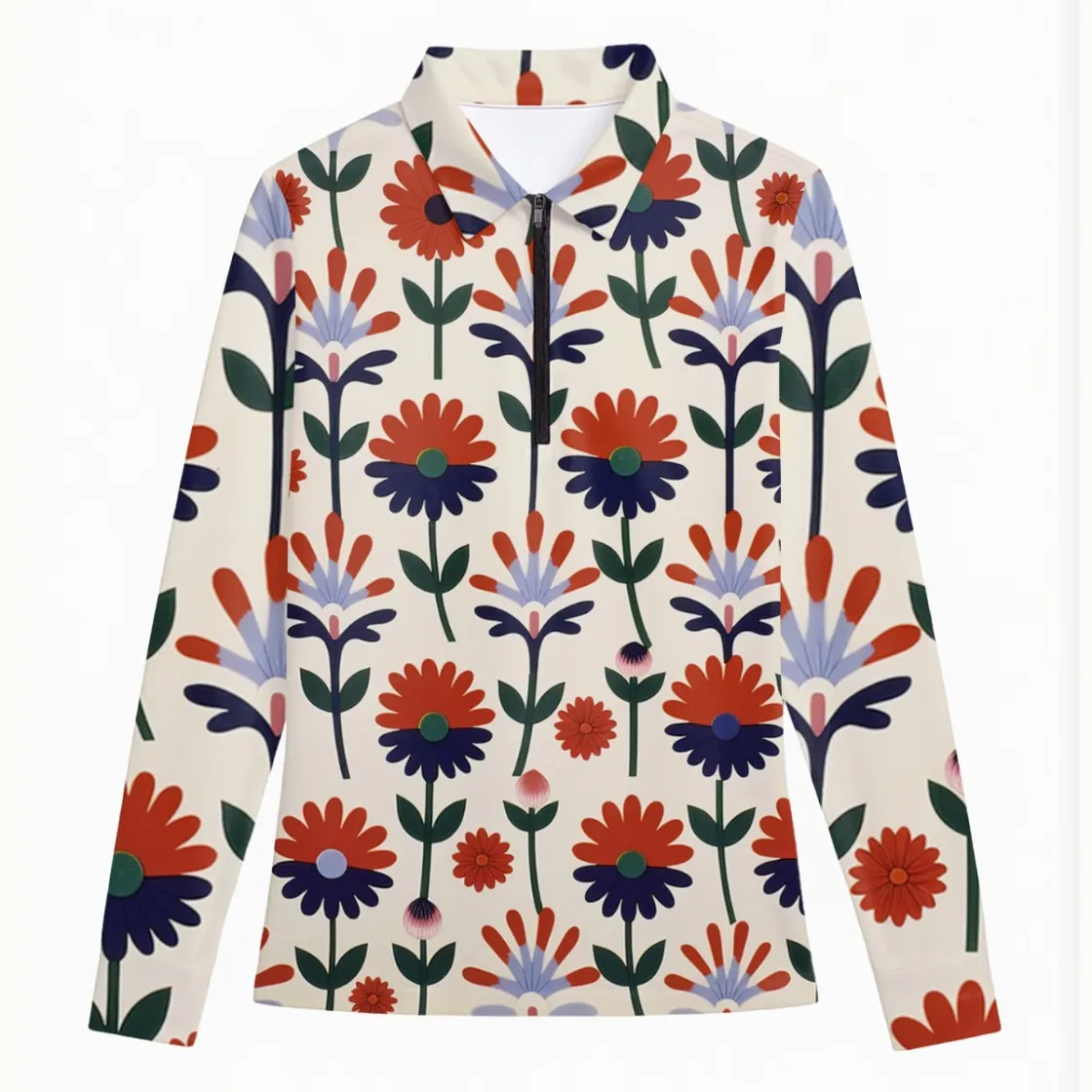 All-Over Print Women's Quarter Zip Sport Shirt With  Long Sleeve