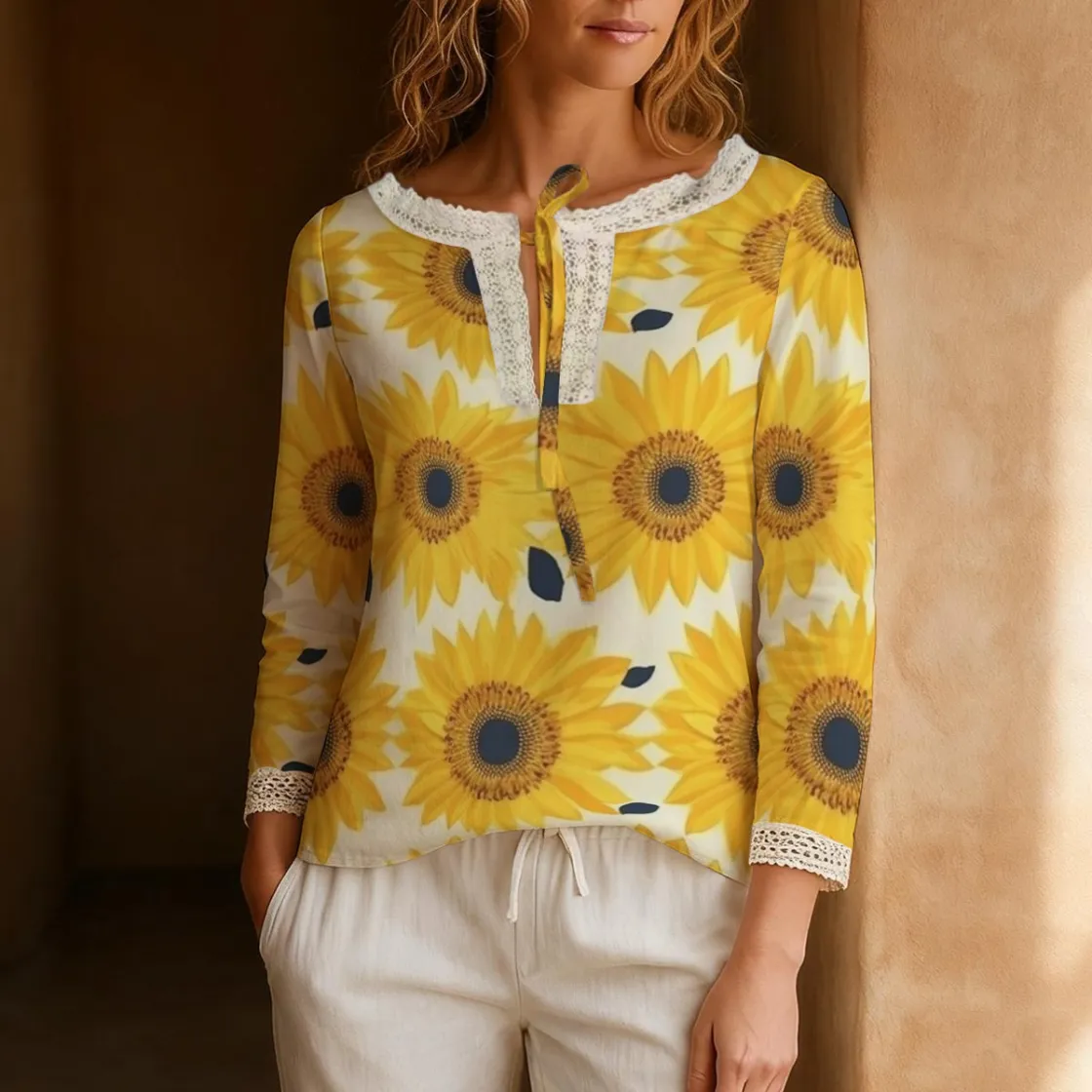 All-Over Print Women's Long-Sleeve Casual Top With Tie Collar