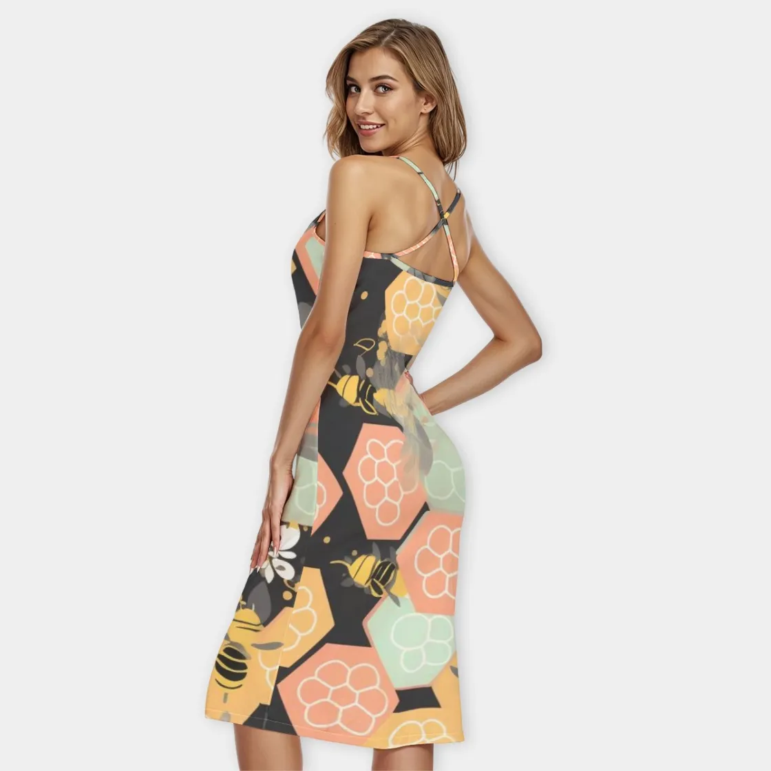 All-Over Print Women's Bodycon Spaghetti Strap Midi Dress