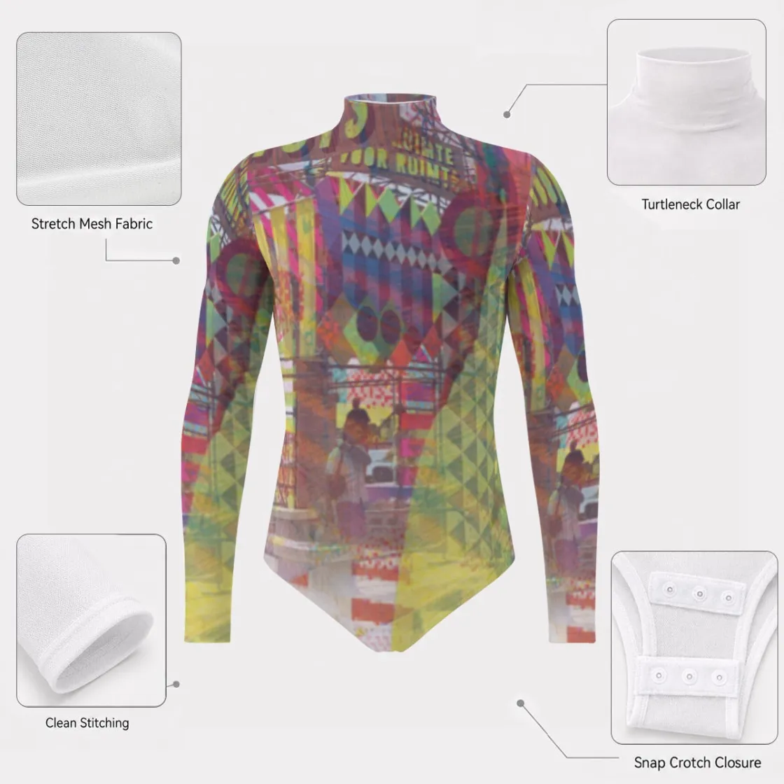 All-Over Print Men's Mesh Turtleneck Long Sleeve Bodysuit