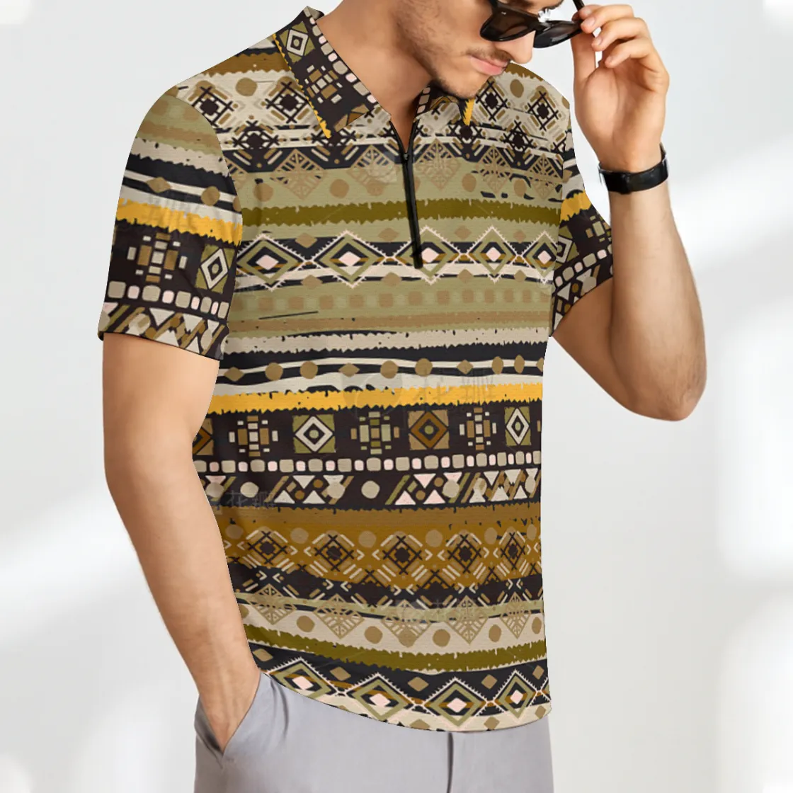 All-Over Print Men’s Short Sleeve Polo Shirt with Zipper