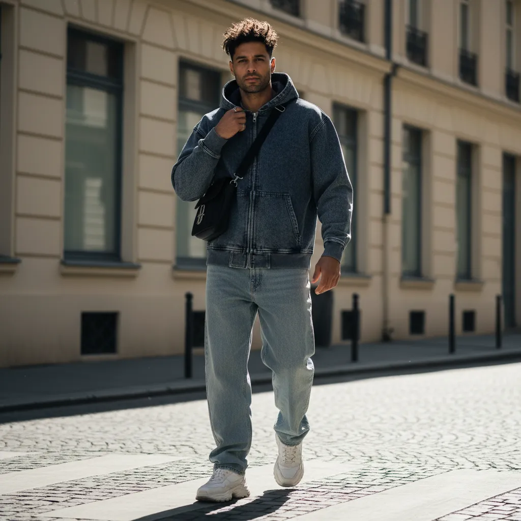 Men’s Washed Denim Zip Hoodie|380GSM DTF
