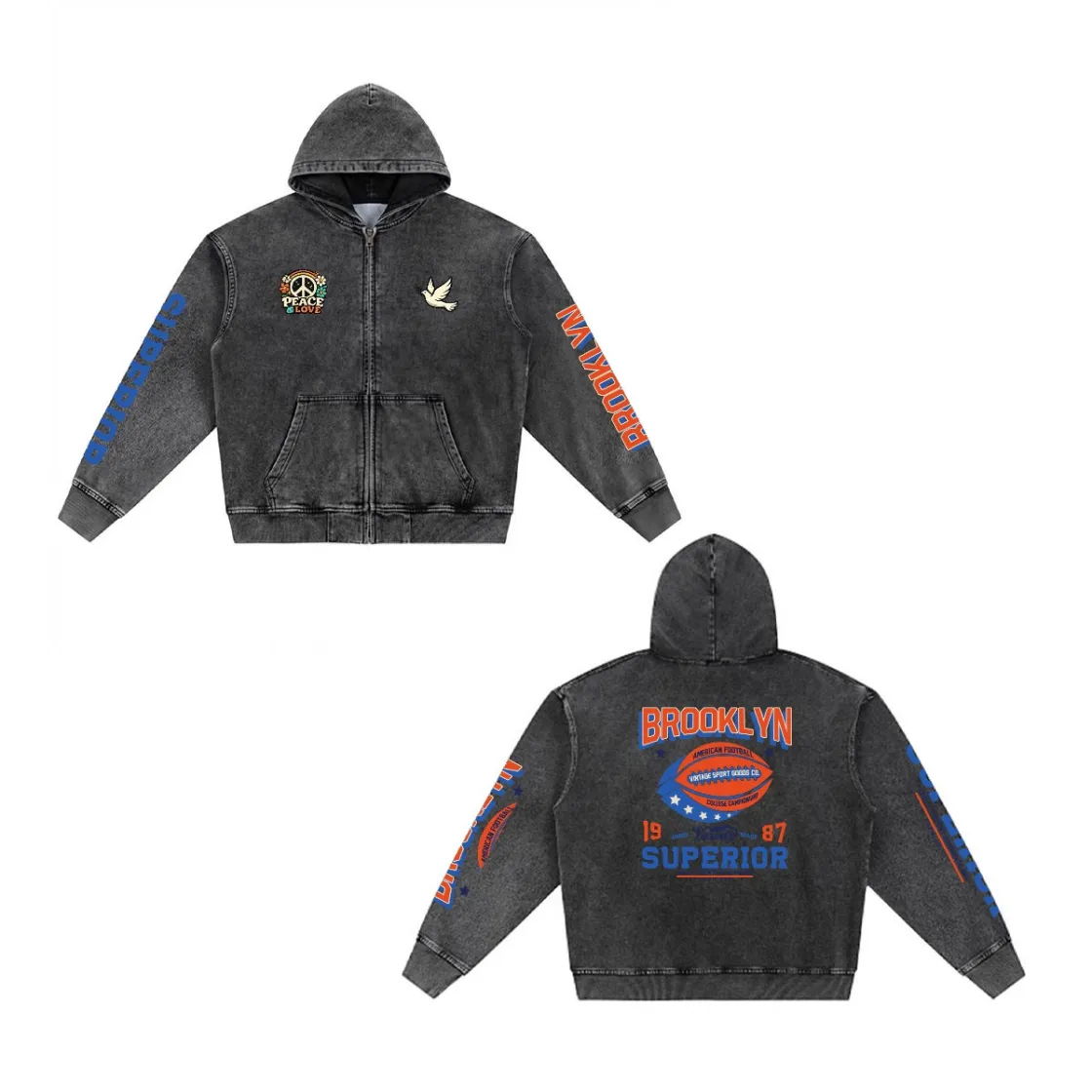 Men’s Washed Denim Zip Hoodie|380GSM DTF