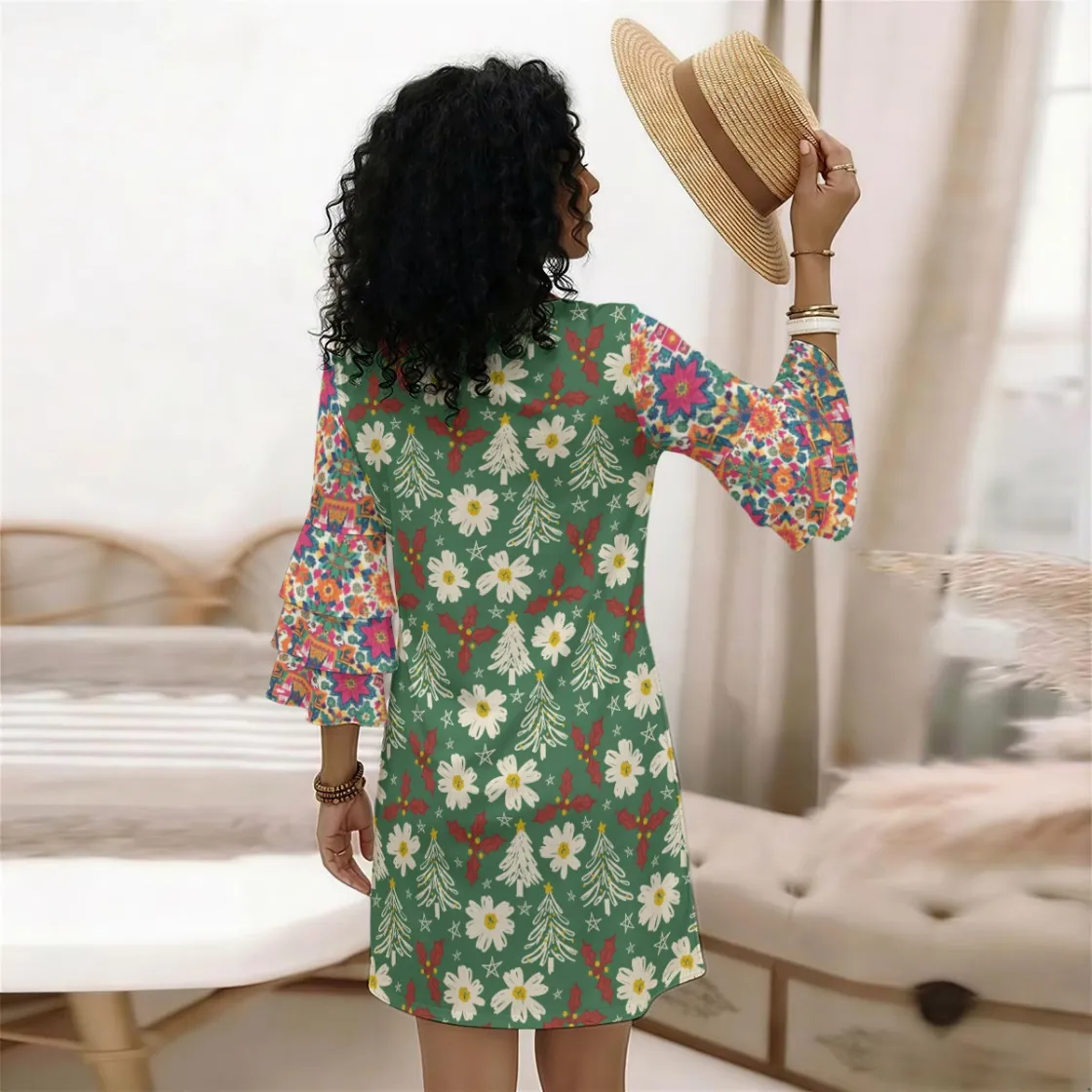 All-Over Print Women's Stacked Ruffle Sleeve Dress