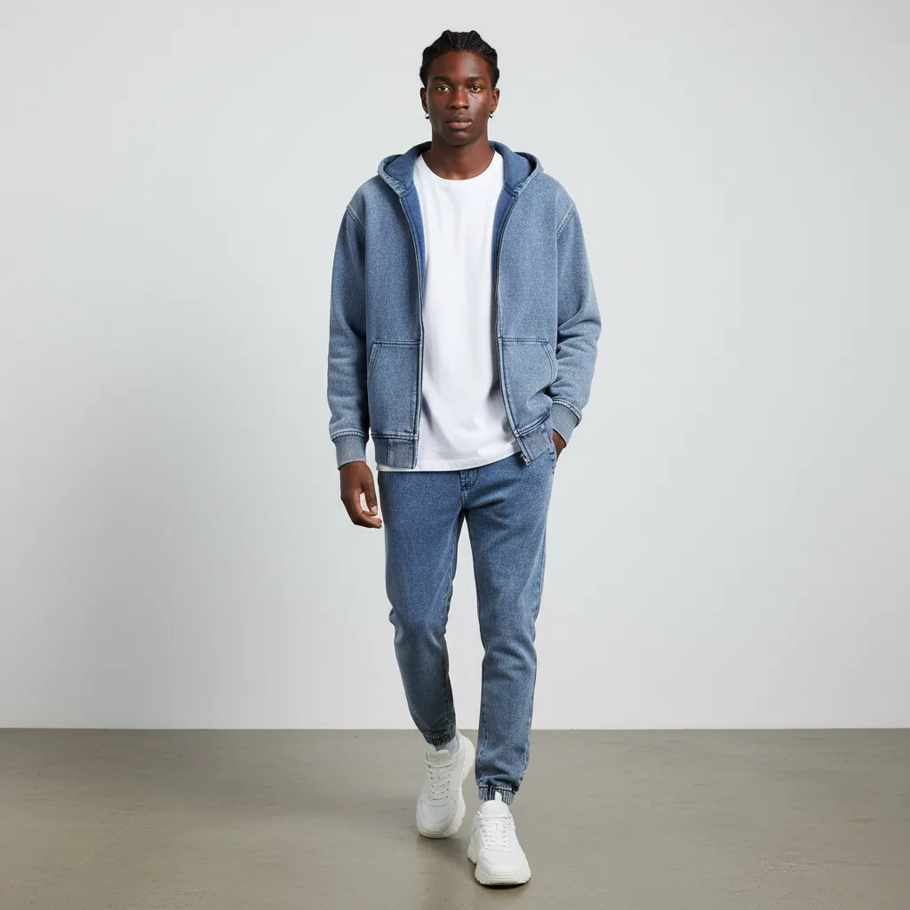 Men’s Washed Denim Zip Hoodie|380GSM DTF