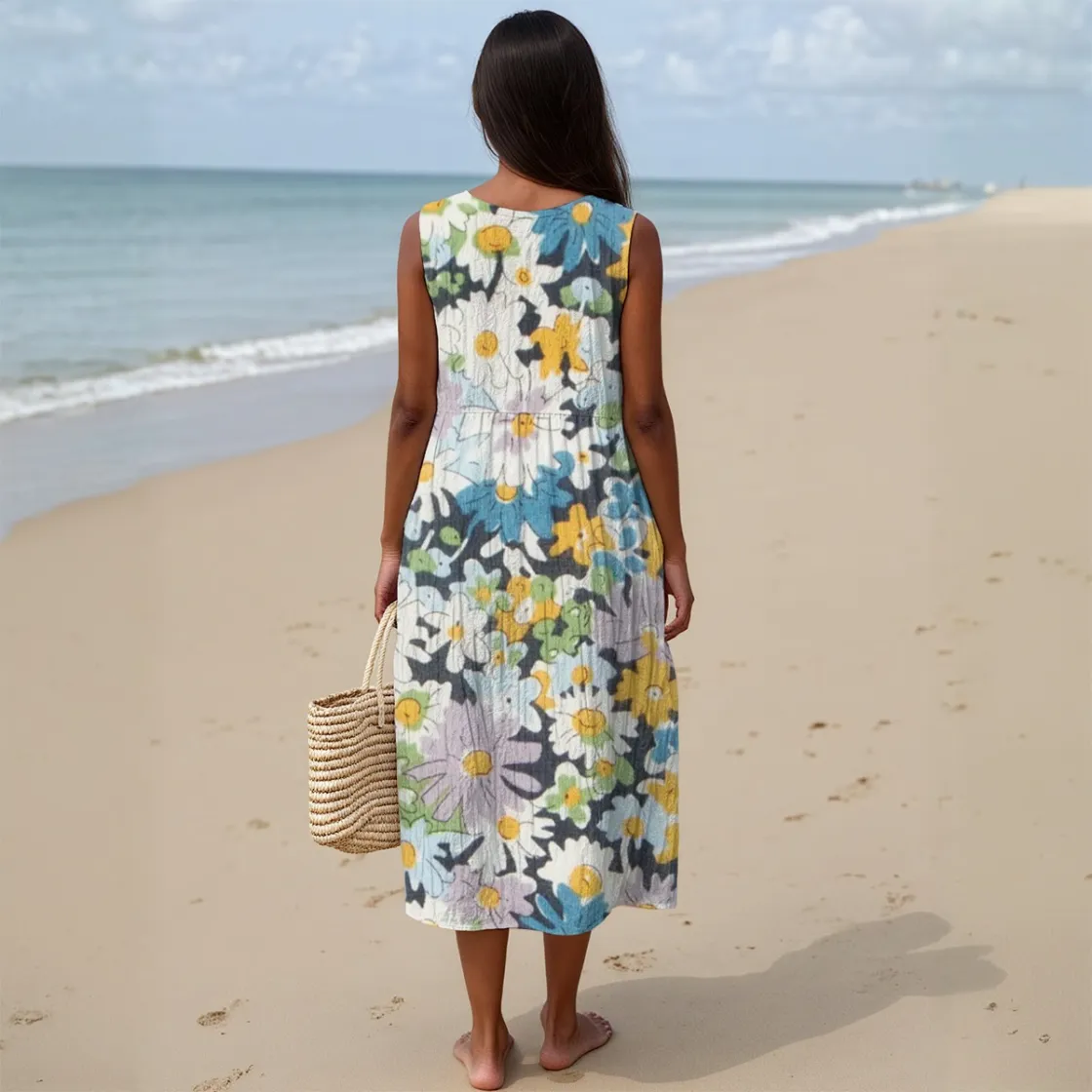 All-Over Print Women's Sleeveless Dress With Pocket|140GSM Slub Cotton