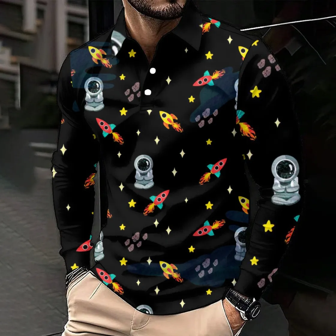 All-Over Print Men's Polo Shirt With Long Sleeve