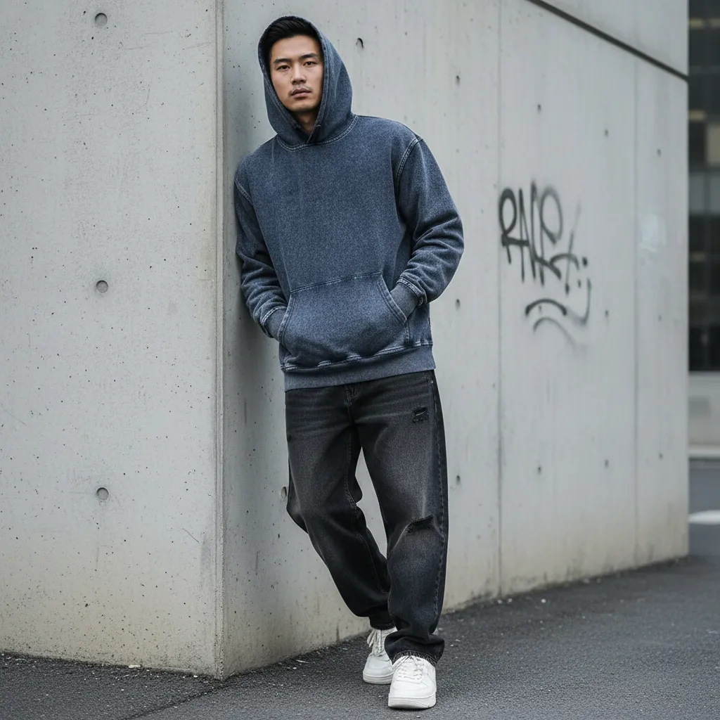 Men’s Washed Denim Pullover Hoodie|380GSM DTG