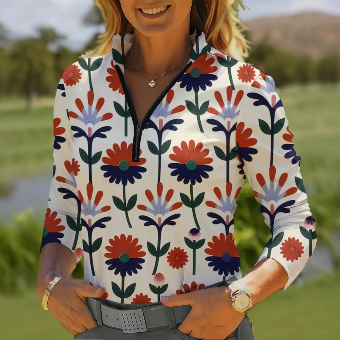 All-Over Print Women's Quarter Zip Sport Shirt With  Long Sleeve
