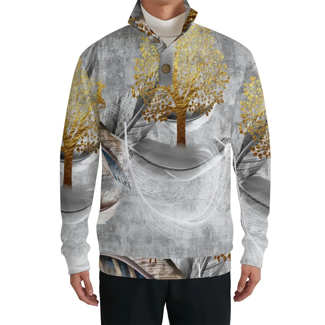 All-Over Print Men’s Casual Pullover Shirt With Half Zipper