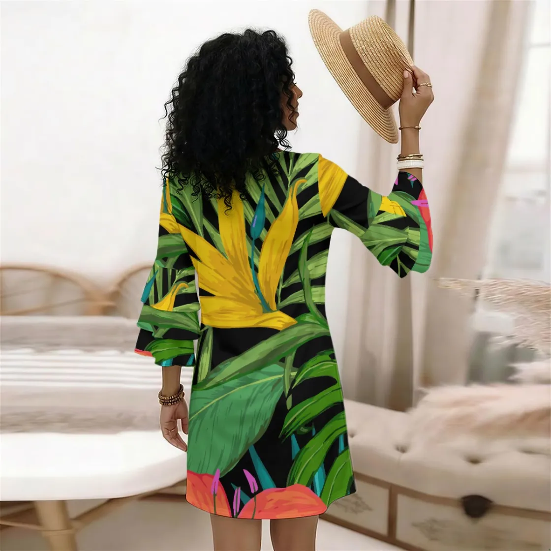 All-Over Print Women's Stacked Ruffle Sleeve Dress