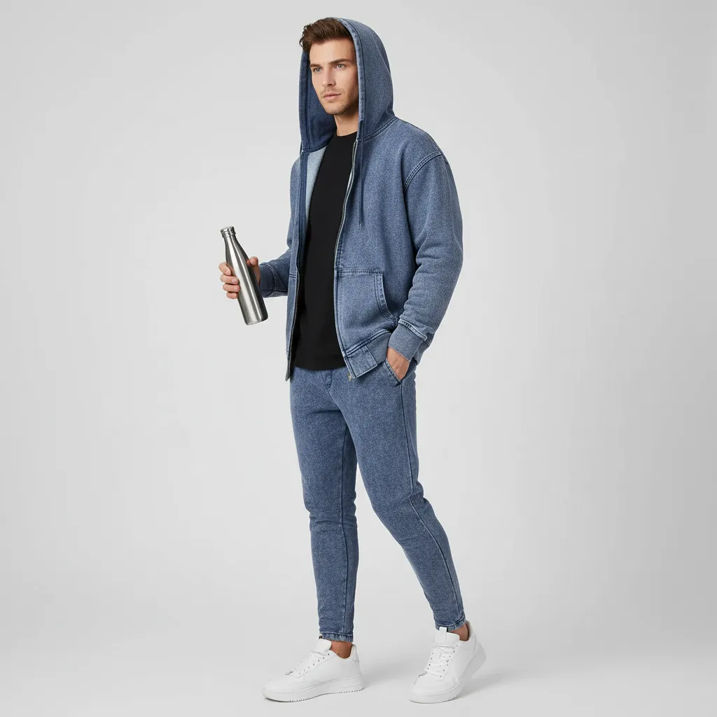 Men’s Washed Denim Zip Hoodie|380GSM DTG