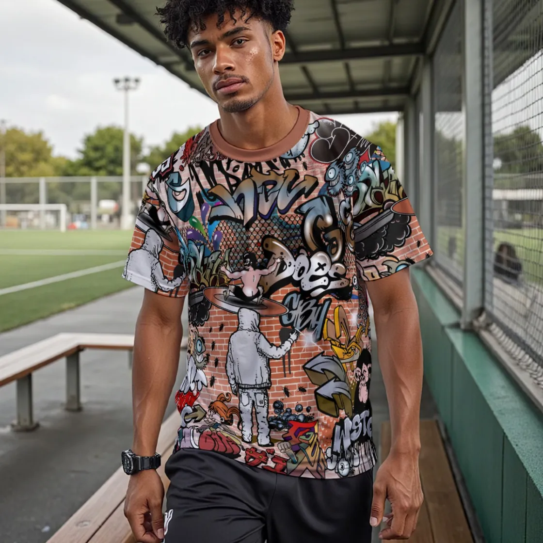 All-Over Print Drop Shoulder Crew Neck T-Shirt